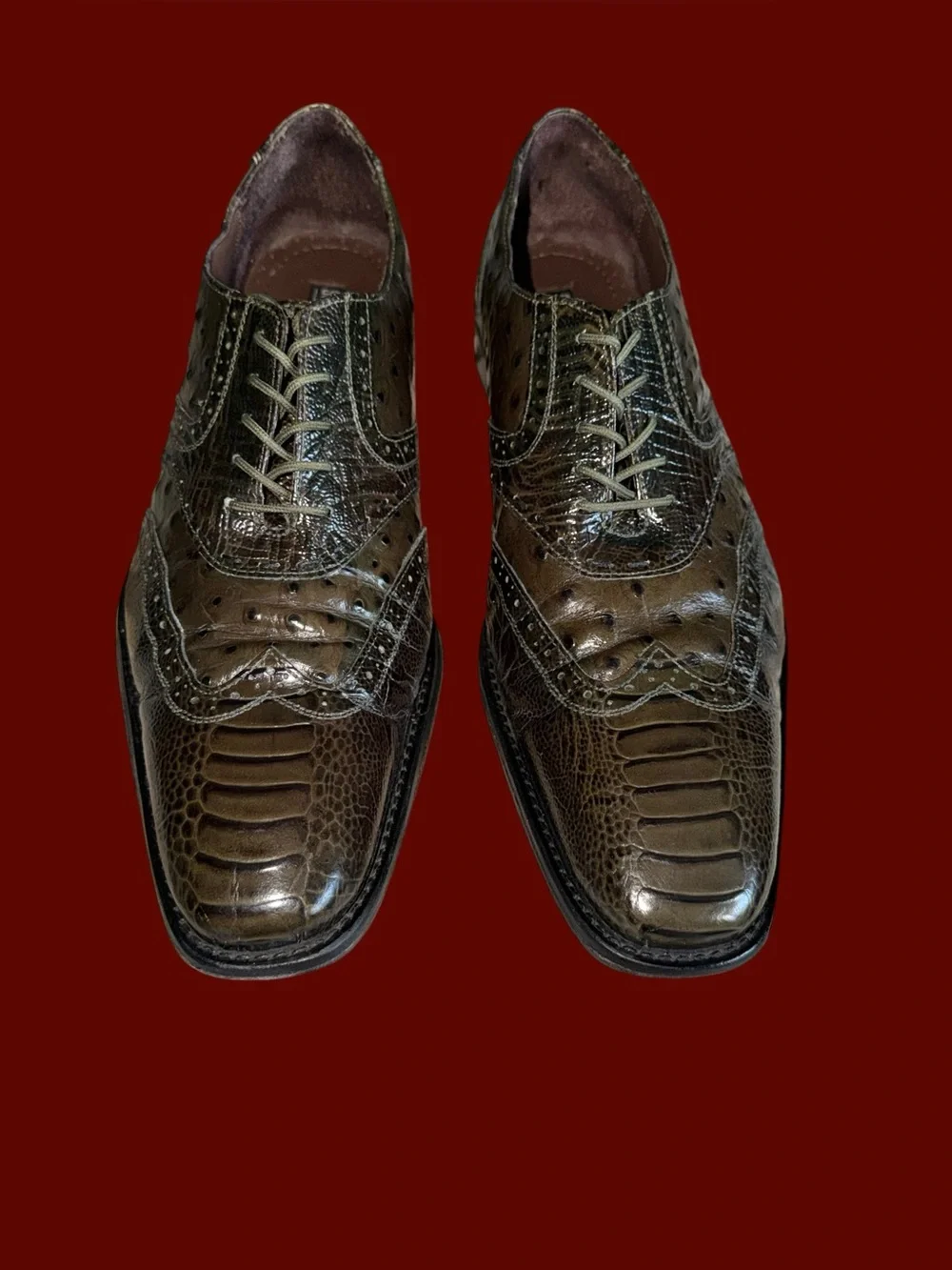 Stacy Adams Men's Olive Green Ostrich Print Wingtip Oxford Dress Shoes Size 13